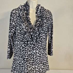 Isabella Rodriguez Black & White Leopard Ruffle V-Neck Blouse